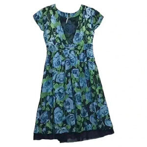 Free People Size 2 Floral Silk Fit & Flare Dress Mesh Lined V-Neck Short Sleeves